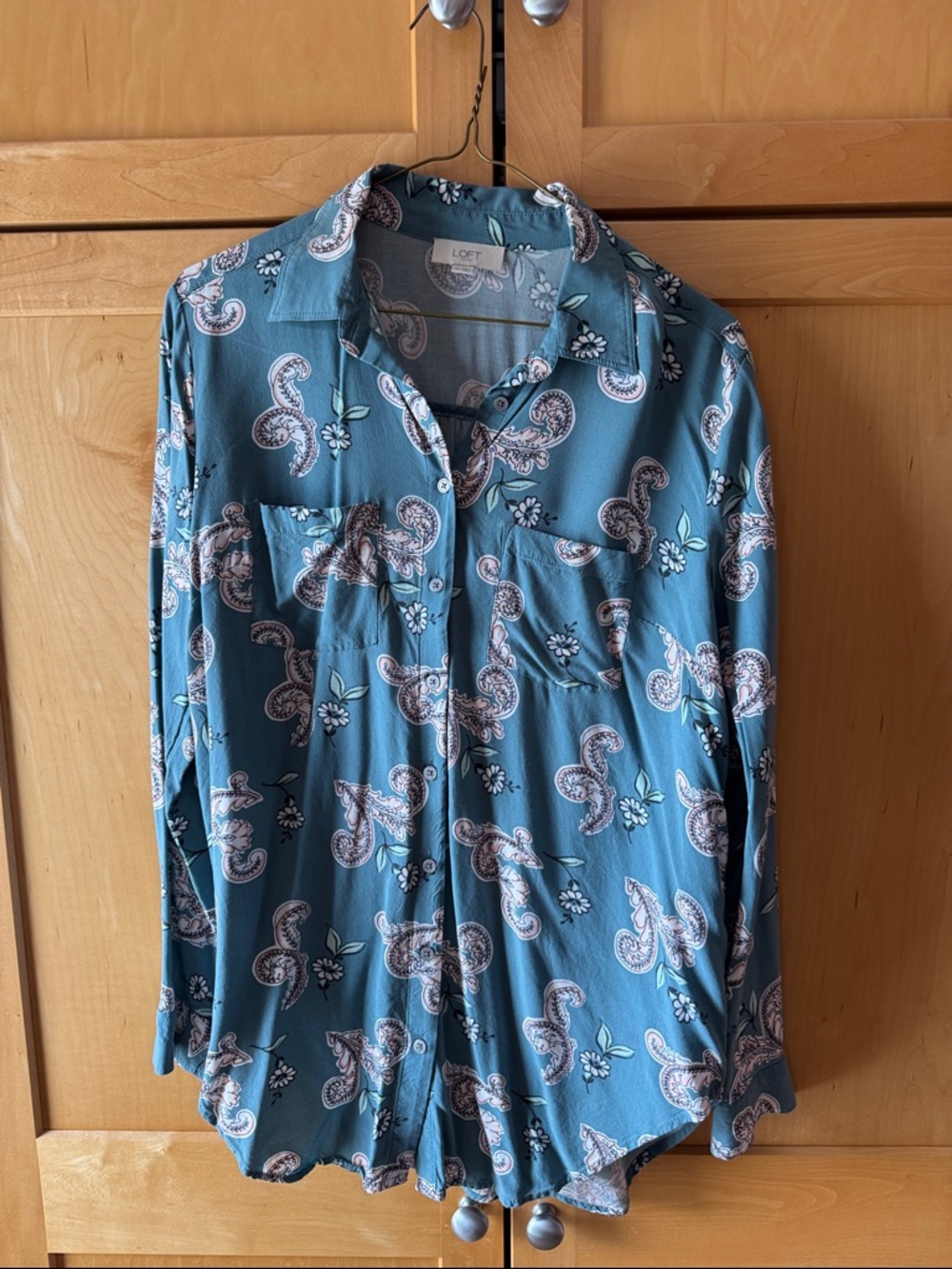 LOFT Floral Button-Front Blouse in Teal and Cream